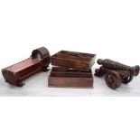 Interesting carved wooden canon model, 17" long, 8" high; together with a wooden rocking crib 18"