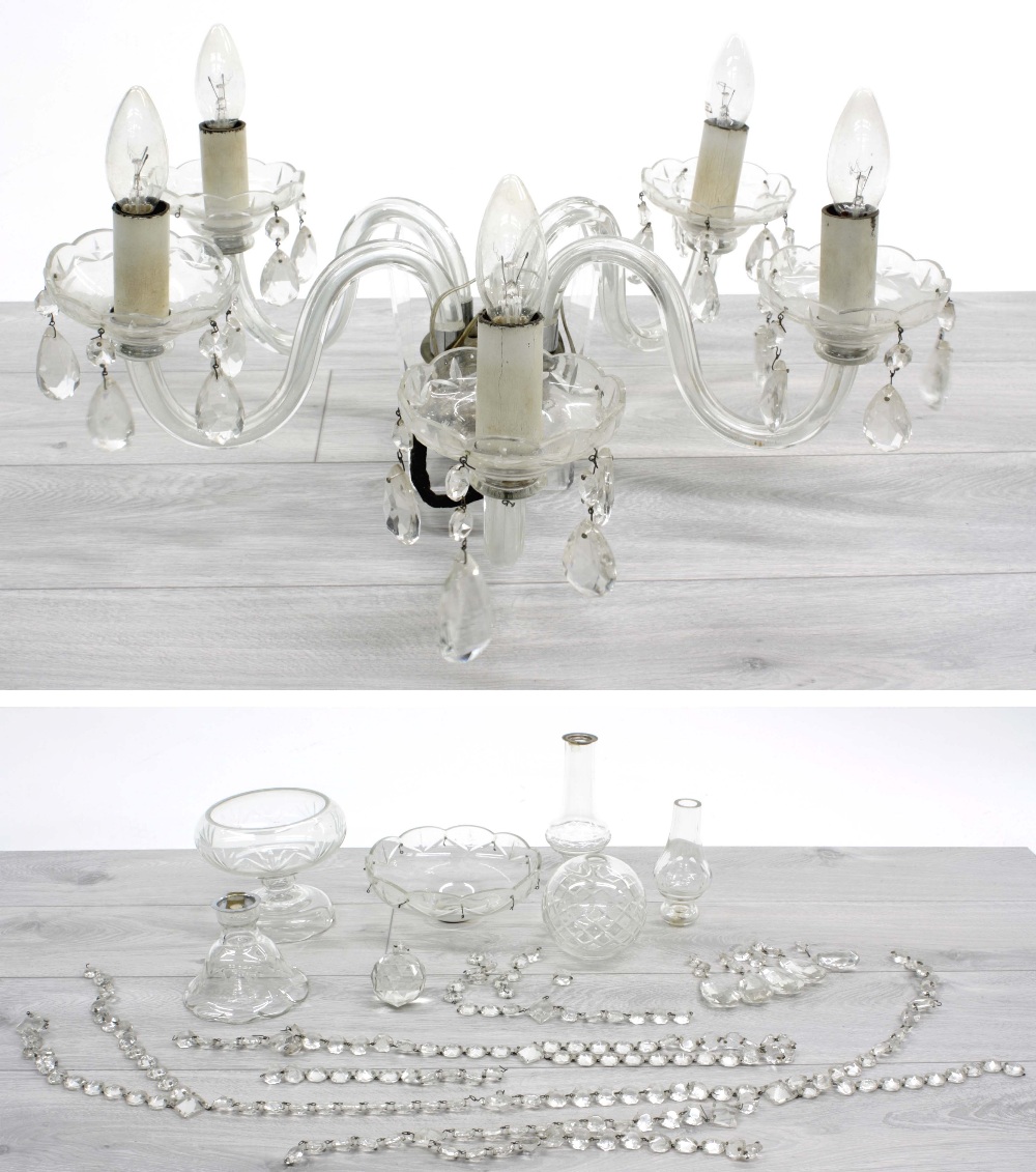 Five sconce glass and crystal drop chandelier, 20" across approx (in need of assembly)
