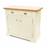 Modern painted side cabinet, the oak top over two short drawers over two cupboards upon a plinth b