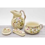 Late 19th century pottery jug and wash basin set with soap dishes and chamber pot, the jug