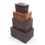 Victorian mahogany sarcophagus shape tea caddy, 8.25" wide, 5" deep, 6" high; together with a walnut