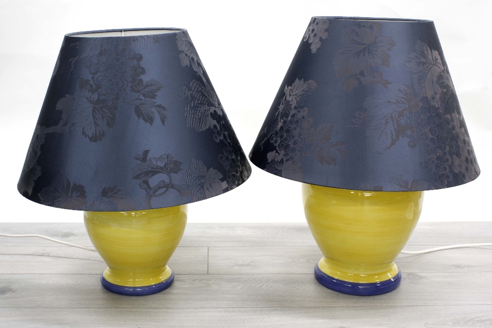 Two Large G.B.C Made in Italy pottery table lamps, in yellow glaze with blue banding decoration, 15" - Image 2 of 2