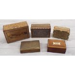 Collection of five treen and brass boxes, including mother of pearl inlaid micro mosaic example,