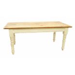 Good large pine kitchen table, the scrubbed top over the white painted base with turned legs, 72"