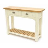 Modern painted two tier kitchen side table, the oak top over two short drawers and square bold supp