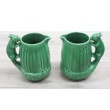 Pair of Sylvac no.1958 green glaze jugs, with squirrel handles and leaf decoration, impressed