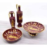 G.A.C Stoke on Trent - red and gilt glaze pottery Olympian tazza, 11.75" diameter; together with a