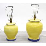 Two Large G.B.C Made in Italy pottery table lamps, in yellow glaze with blue banding decoration, 15"