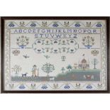 Vintage needlework alphabet sampler, decorated with a figure and dog in the grounds of a house, with