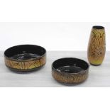 Two Poole Pottery Aegean fruit bowls; 9.5" diameter and 8" diameter respectively; together with a