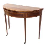 19th Century mahogany and satinwood inlay demi-lune fold-over tea table, raised on square tapered