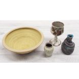 Four pieces of stoneware studio pottery, bowl 10" diameter, goblet 6" high (4)
