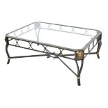 Good quality modern metal and bevelled glass coffee table, the canted corners applied with cast lio