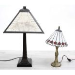Table lamp with a frosted shade with scenes from Nairn, 23" high; together with a smaller table lamp