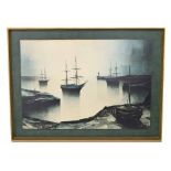 Large framed Gilbert Bria print - 'Quiet Anchorage', tall ships moored in a harbour, 36" x 24", (43"