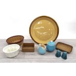 Selection of vintage kitchen pottery items including Bourne Denby jelly mould, Denby butter dish,