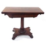 Victorian mahogany foldover tea table, the hinged swivel top over a shaped frieze upon an