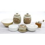 Vintage stoneware kitchenalia items, including Tremar Cornwall jars, plate and cloche; also two