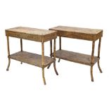 Pair of decorative modern rectangular bamboo two tier occasional tables, 32" x 14.5", 29.75" high