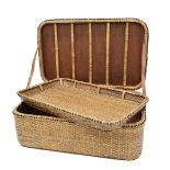 Large rectangular wicker Ottoman, with rounded corners and a hinged cover enclosing a tray