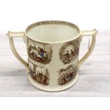 Large 19th century Staffordshire twin-handled loving cup, printed with scenes from Mr Pickwick,