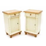 Pair of painted pine bedside cabinets, the scrubbed tops over single drawers and fielded panelled c