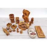 Collection of carved treen souvenir items;including turned mushrooms, Bavarian plaque of a truffle