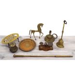 Selection of brass items including door porter, oval trivet, fire poker, Eastern souvenir pot,