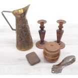 Marine reclamation - Pair of turned wood and copper candlesticks and a copper pot bearing plaque