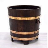 Oak and brass coopered coal bucket, 14.5" diamater, 15" high