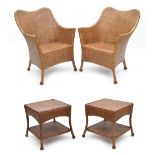 Pair of modern wicker conservatory armchairs; together with two similar square two tier occasional