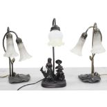 Pair of Art Nouveau style decorative table lamps in the form of lily pads, each with two slim