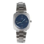 Omega Genéve automatic square cased stainless steel gentleman's bracelet watch, circular blue dial