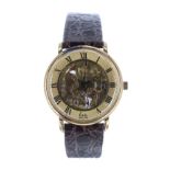 E & Co. gold plated skeleton dial gentleman's wristwatch, with Roman numeral chapter ring and centre