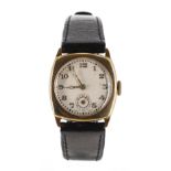 9ct cushion cased mid-size wristwatch, Chester 1931, silvered dial with applied Arabic numerals