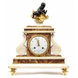 Good French white and red marble two train mantel clock, the 3.75" white dial signed Heron Paris,