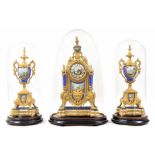 Good French ormolu and porcelain mounted two train mantel clock garniture, the 3.5" convex porcelain