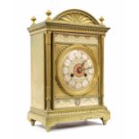 Good French aesthetic movement brass and porcelain mounted two train mantel clock, the movement back