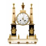 Small French white and black marble ormolu mounted two train portico mantel clock, the movement with