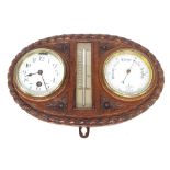 Good clock and barometer wall compendium, the 3.25" twin dials either side of a thermometer,