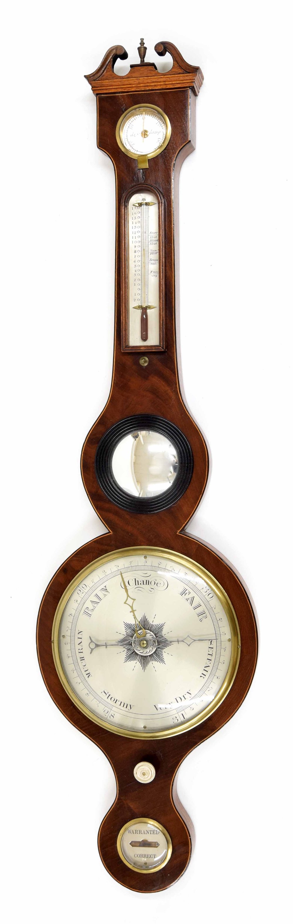 Mahogany five glass wheel barometer, the principal 8" silvered dial within a flamed case with
