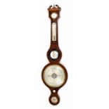 Mahogany five glass wheel barometer, the principal 8" silvered dial within a flamed case with