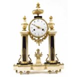 French white and black marble two train ormolu mounted portico mantel clock, the 4.75" white