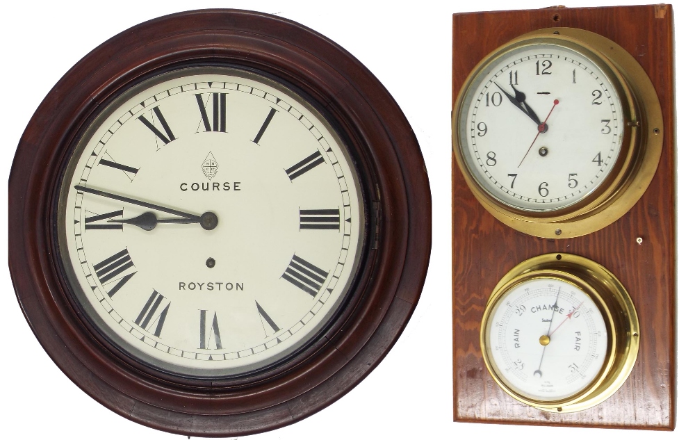 Bulkhead ships clock, the 8" dial with centre seconds and fast/slow lever, within a brass casing (