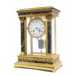 French brass and green veined marble four glass mantel clock, the Vincenti movement striking on a