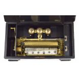 Walnut and ebonised cased music box, the 9.25" cylinder playing on seven airs and striking on