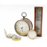 Interesting small drumhead clock/aneroid barometer with platform escapement, the 3.25" silvered