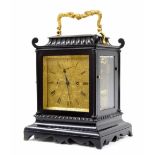 Fine small twin fusee library clock with chronometer escapement, unsigned, the 4.25" square gilded