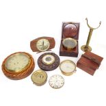 Small selection of chronometer parts including a movement, dial and case; also two barometers and