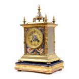 French brass and cloisonne two train small mantel clock striking on a gong, the 3" gilded chapter